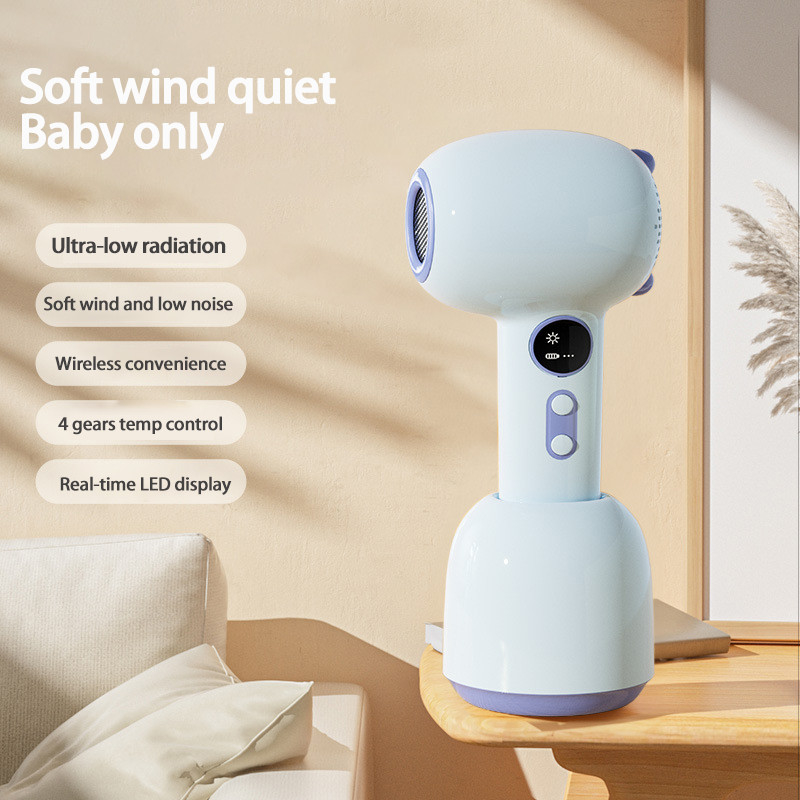 Secador de pelo sin cables con bajo ruido y temperatura constante para proteger la piel del bebé