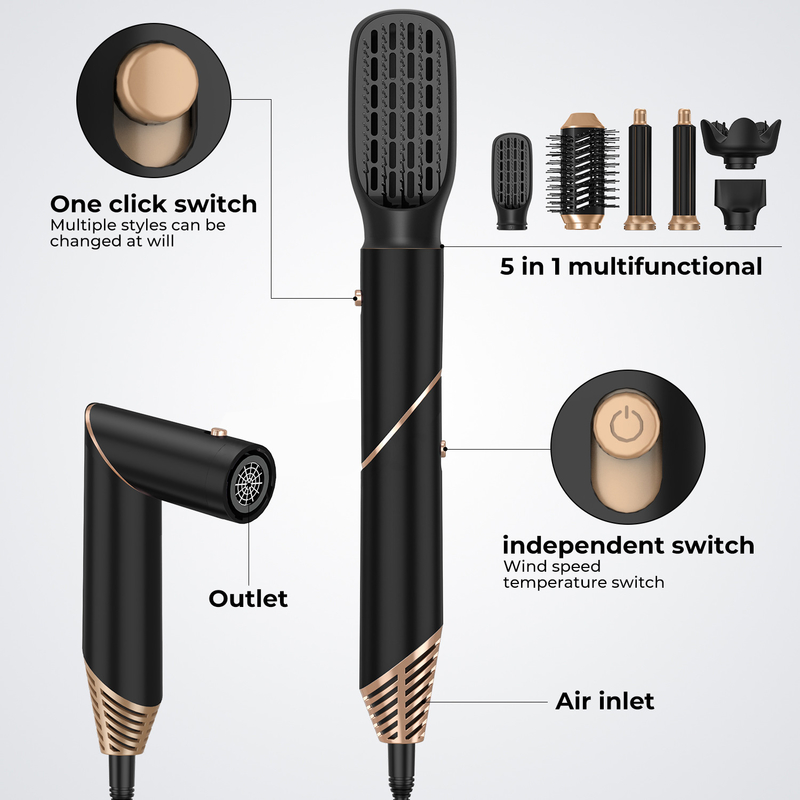 Profesional 6 en 1 Poderoso plegable estilo de pelo de aire caliente secador de pelo salón de belleza iónico Balck Golden