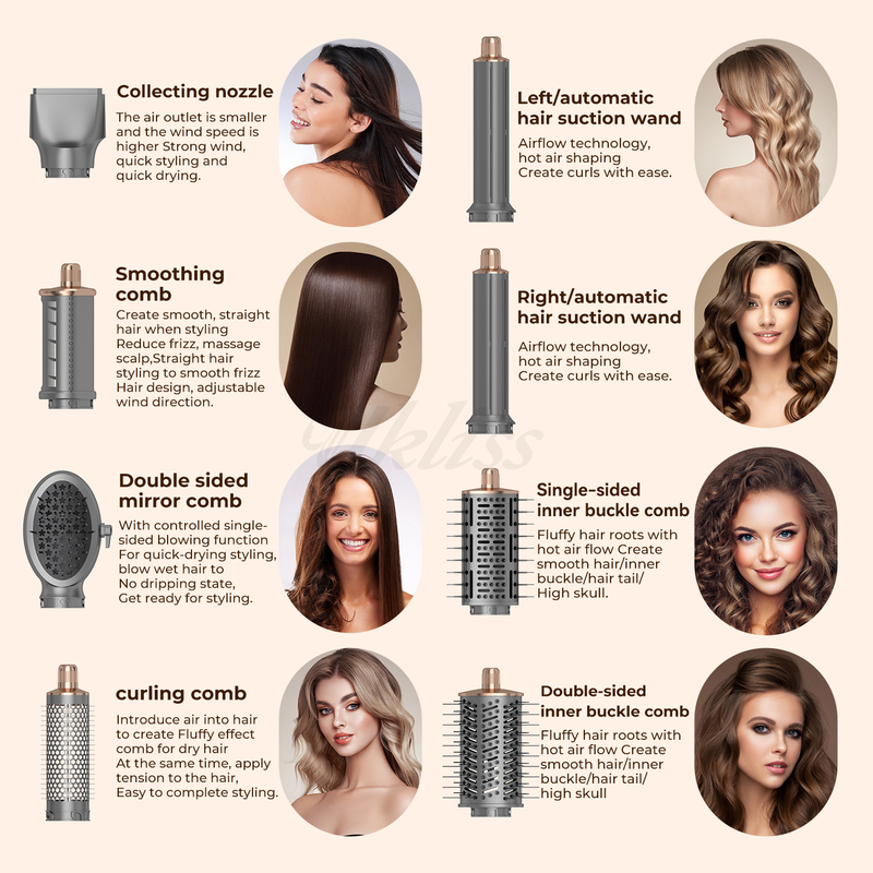 Set de secador de pelo plegable de 8 en 1 con ajustes de calor ajustables y diseño de boquilla múltiple