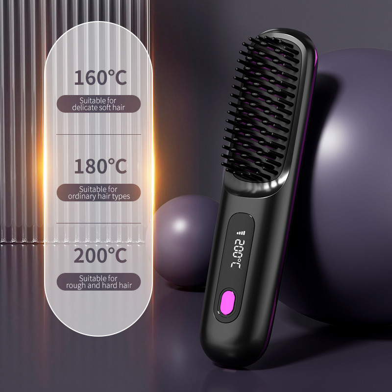 Cepillo de alisado de cabello portátil sin cables 35W Tipo-C de calentamiento rápido con pantalla de temperatura de iones negativos