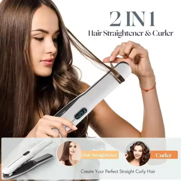 Recargable 2 en 1 alisador de cabello inalámbrico alisador inalámbrico curling con batería de 4800mAh y temperatura múltiple