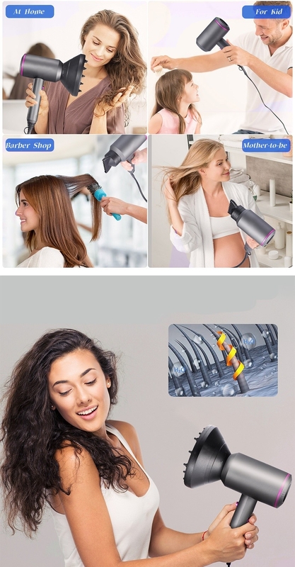 Secador de pelo eléctrico de 1500 vatios con 3 accesorios multifuncionales para un peinado perfecto y suave