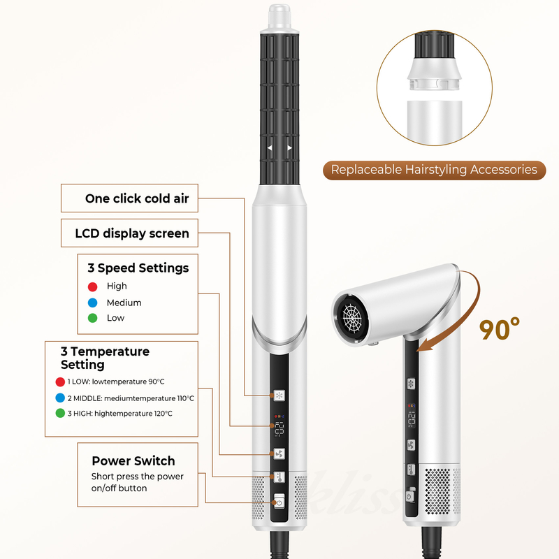 Secador de cabello profesional de aire caliente de secado rápido 8 en 1 cepilla con curl automático y cable de alimentación 2M 1500W Multi-Styler
