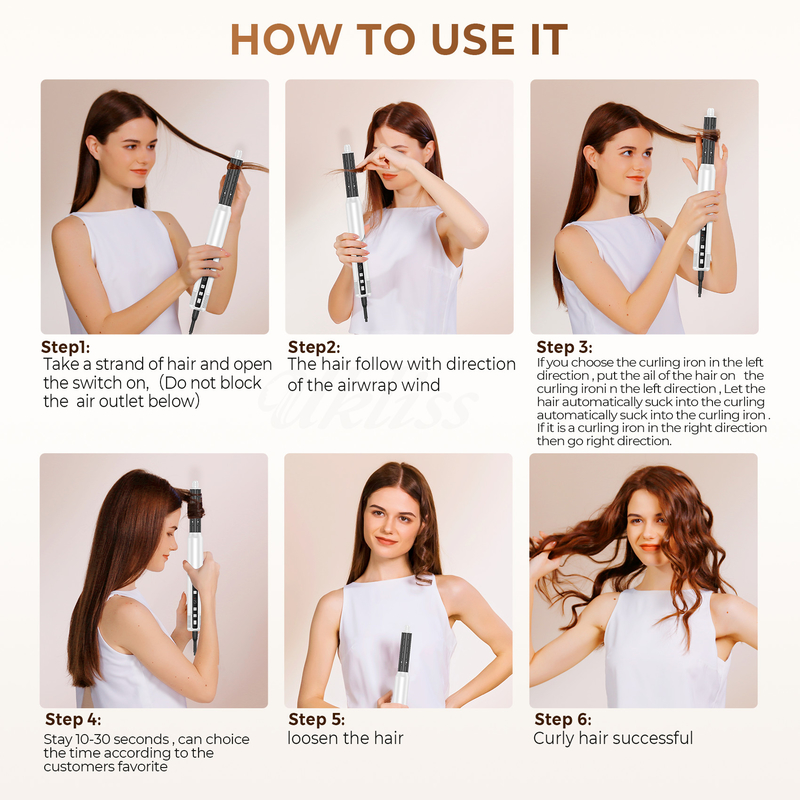 Secador de cabello profesional de aire caliente de secado rápido 8 en 1 cepilla con curl automático y cable de alimentación 2M 1500W Multi-Styler